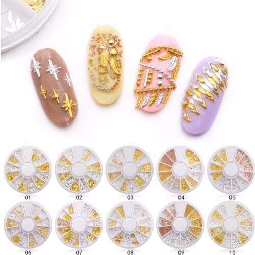 Meicialin Rose Gold Rivet Nail Studs Nail Art Decoration Grey Gold Circle Star Round Square Triangle Mixed Accessories in Wheel