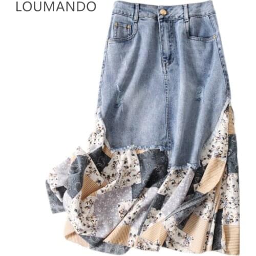 Fashion Thin Denim Stitching Half-length Skirt Floral Broken Hole Bag Hip Skirt Female High-waisted Thin Niche Mid-length Skirt