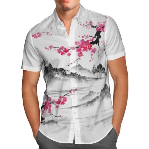 Peach Blossom 3D Beach Hawaiian 2021 Summer Men Shirt Short Sleeve Shirt Streetwear Oversized 5XL Camisa Social Chemise Homme-99