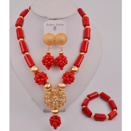 New Nigeria Wedding Classic Coral Jewelry Red Natural Coral Bead Necklace African Jewelry Bridal Wedding Jewelry Set AU-152
