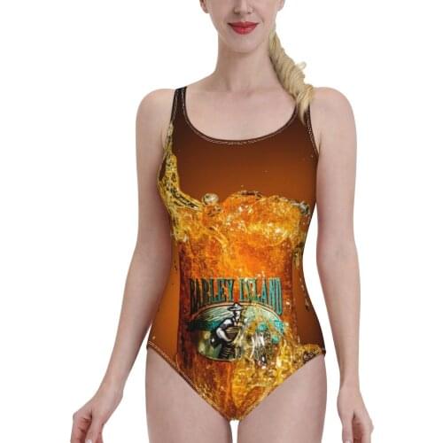 Sexy Female One-Piece Swimsuit Beer Bubble Wallpaper Closed Swimwear Sports Push Up Body Womens Swim Bathing Suit
