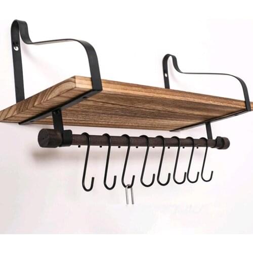 Storage Shelf With 8 Removable Hooks Floating Wall Shelf Rustic Wood Storage Rack For Bedroom Bathroom W4407