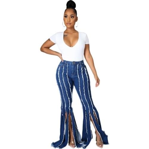 Tassel Side Splicing Washed Denim Pants Women Retro Straight Jeans Trousers Casual Street High Waist Ladies Split Wide Leg Pants