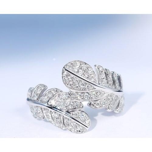 Cute Silver Color Feather Adjustable Ring with Bling Zircon Stone for Women Wedding Engagement Fashion Jewelry