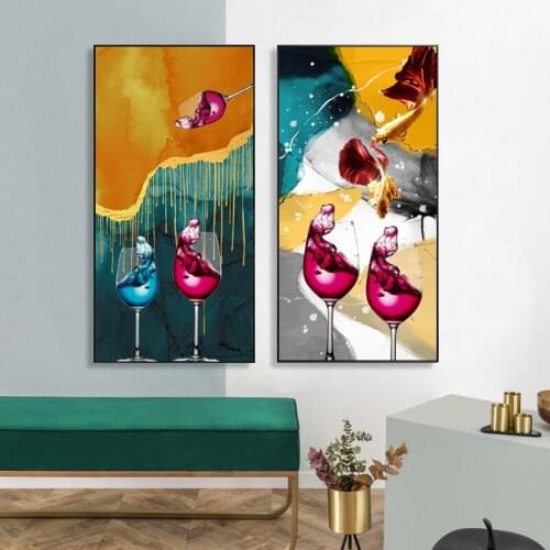 Nordic Abstract Feather Glass Cup Dining Room Restaurant Decorative Pictures Canvas Painting Wall Art Poster for Interior Decor