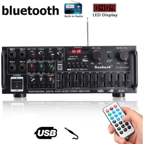 Bluetooth 2.0 Channel 2000W Audio Power HiFi Amplifier 326BT 12V/220V AV Amp Speaker With Remote Control for Car Home