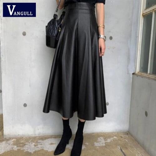 Vangull Black Solid PU Leather Elegant Midi Skirt Women 2020 Spring High Waist Office Ladies A Line Flared Skirts Faux Leather