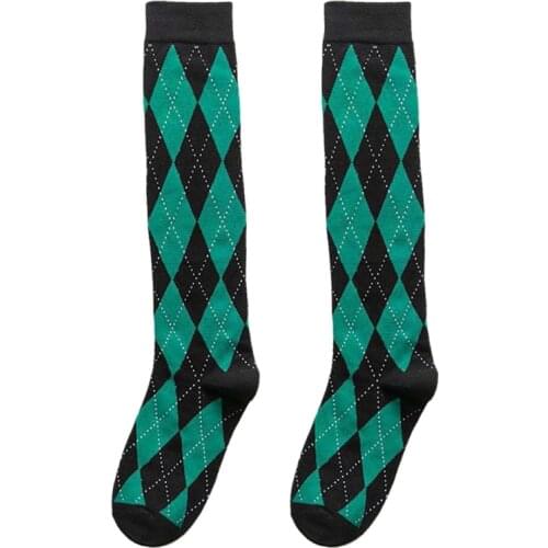 Women Autumn Cotton Knee High Socks Japanese Preppy Style Vintage Contrast Color Argyle Diamond Plaid Print Student Tube 094B