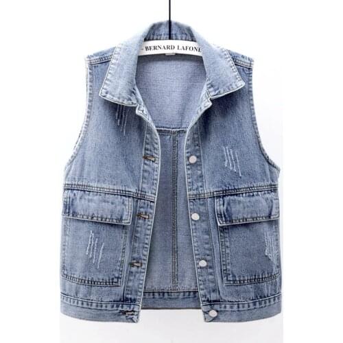 Womens denim vest short spring autumn 2020 new fashion simple big pocket sleeveless vest all-match loose top cardigan for women