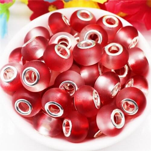 10Pcs Red Matt Dull Color Resin Muranos Silver Plate Big Hole Round Beads Fit Pandora Bracelet Bangle Snake Chain Spacer Charm