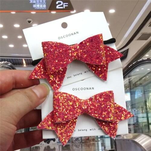 2PCS/LOT Pretty Red Flash Ties Bows Elastic Bands For Baby Girls Hairpin Creativity Pink Clips Scrunchy Kids Hair Accessories