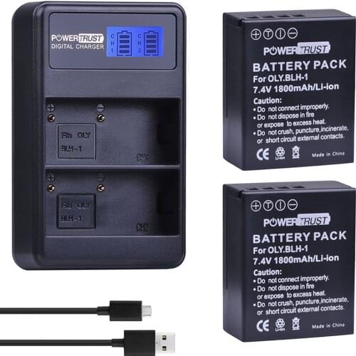 PowerTrust 2Pcs BLH-1 BLH1 BLH 1 Replacement Battery and LCD USB Dual Charger for Olympus E-M1 Mark II Camera