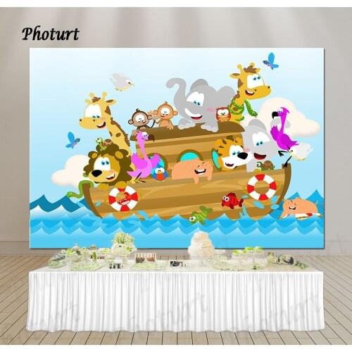 PHOTURT Noah Ark Backdrop Kids Birthday Photography Banner Wild Animal Boat Photo Background Polyester Vinyl Props