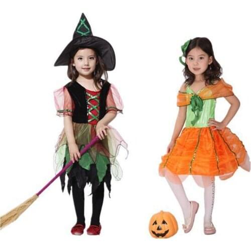 Halloween Child Female Pumpkin Evening Dress Little Witch Show Costume