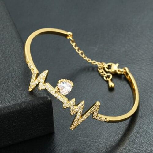 Daihe Exquisite Gold Plated Electrocardiogram Bracelet Women Adjustable Colorful Zircon Copper Bracelet Bangles Female Jewelry