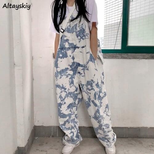 Jumpsuits Women Tie Dye Full Length Denim Loose Wide Leg High Waist Fashion Simple Harajuku Casual Adjustable Overalls Playsuits