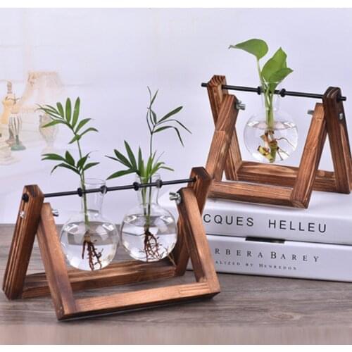 Creative Flower Vases Hydroponic Plant Transparent Vase Wooden Frame Coffee Room Glass Tabletop Plants Home Bonsai Decor