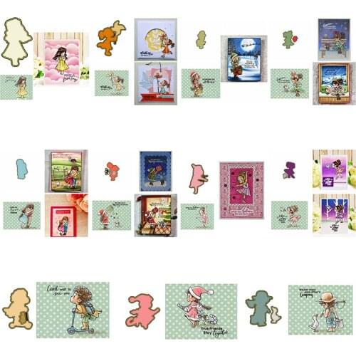 Metal Cutting Dies & Clear Stamps Childish Boy Girl Singing Dancing Love Words Windmill Gift Flower Basket Happy Scene 2021