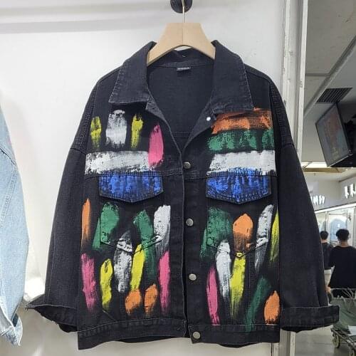 Fashion Hand Painted Graffiti Denim Jackets Women Loose Student Outerwear Korean Short White Black Blue Jeans Jacket Coat Female