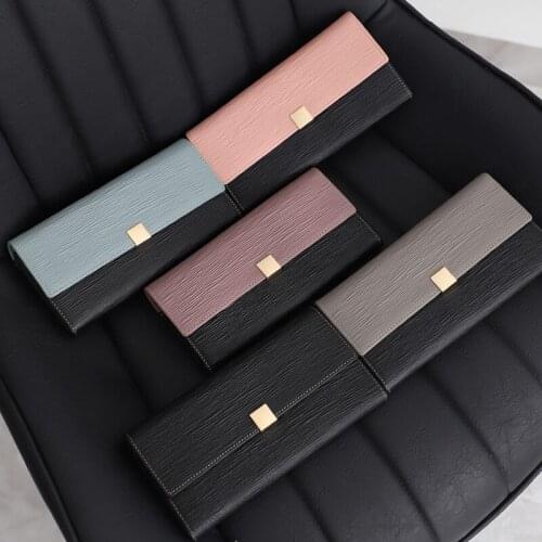 WOONAM Women Fashion Wallet Natural Top Hide Genuine Calf Leather Contrast Color Long Fold Organizer Wallet Cash Holder Purse