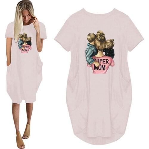 Cartoon Super Mom Life Momlife Women Summer Casual Loose Dress With Pocket Ladies Fashion O Neck Long Tops Female T Shirt Dress