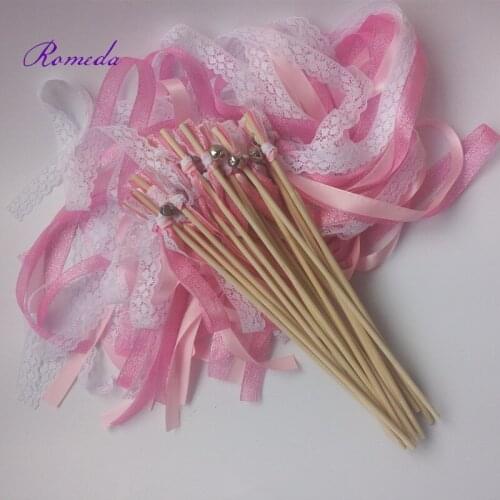 50pcs/lot pink glitter wedding ribbon wands stick ceremony wands triple streamer with sliver bell for wedding party
