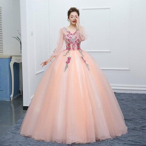 Long Sleeve Quinceanera Dresses V-neck Party Dress Floor-length Ball Gown Sweet Floral Print Prom Dress Homecoming Dress