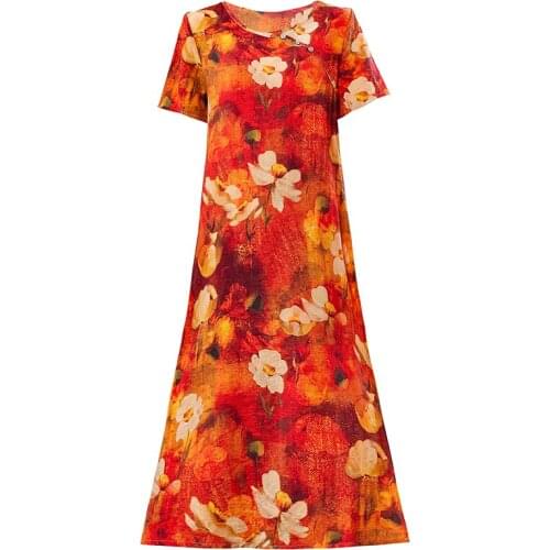 New Women Comfortable Cotton and Linen Dress Ladies Short Sleeve Round Neck Loose Summer Long Dress Female Floral Print Vestidos