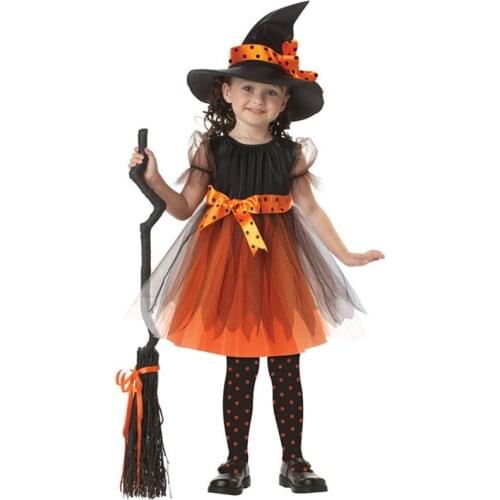 Purim Kids Girl Lovely Orange Pumpkin Witch Costume Jack-O-Lantern Cosplay Carnival Halloween Fancy Party Dress