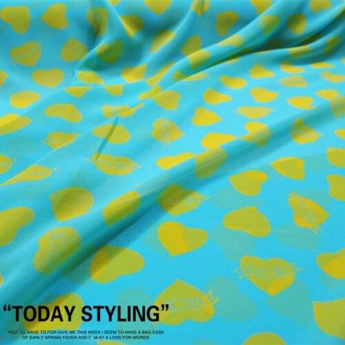Silk Georgette Chiffon Fabric Dress Lovely Lake Blue Yellow Heart Clothing DIY Sewing