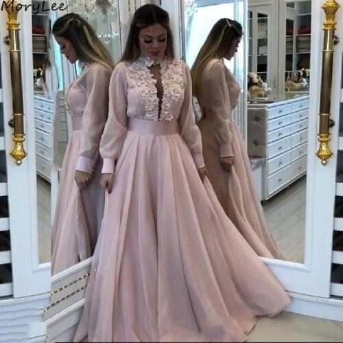 Prom Dresses Long Sleeves A-Line Tulle Pleated Flower Crystal Prom Dresses With Zipper Back vestidos de fiesta de noche