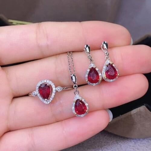 18K Heated Ruby Jewelry Sets Anniversary For Women Real Ruby Gemstones Simple Fine Jewelry S925 Silver Classic #Q201