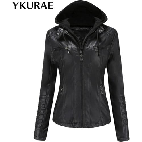 Womens Jacket Autumn Winter Coat Streetwear PU Leather Jackets Motorcycle Biker Outerwear Hooded Fashion Female Coats New FL009