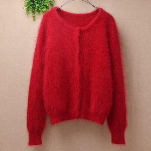 Ladies women fashion hairy plush mink cashmere knitted long sleeves slim cardigans angora rabbit hair winter jacket coat sweater