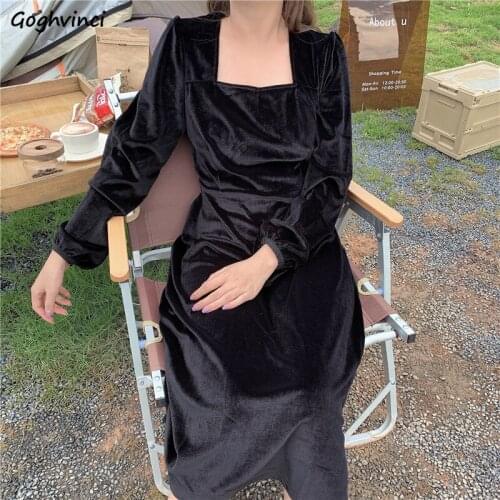 Women Long Sleeve Dresses Solid Simple French Fashion Style Trendy Square Collar Elegant Temperamental Retro Slim High Waist