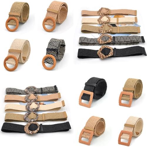 Women Boho Braided Waist Belt Female Summer Dress Belts Serpentine Leopard Buckle PP Straw Wide Belts for Women Boho Waistband