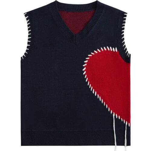 LACIBLE Harajuku Streetwear Couple Sleeveless Sweaters Vest Knitted Peach Heart Pattern V Neck Loose Lover Waistcoat Tank Tops