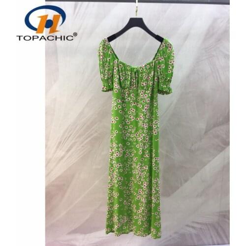 6.7 Harajuku Retro Square Collar Puff Sleeve Fruit Green Print Chic Womens Dress Beach Holiday Foreign Female