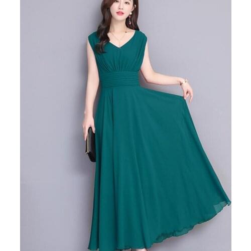 2019 Summer New Arrival Bohemian Style V Collar Short Sleeve Solid Color Woman Chiffon Long Dress