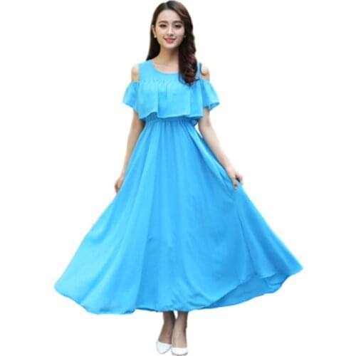 Women Chiffon Boho Beach Dress Female Slim Off The Shoulder Sexy Long Dresses Summer Beach Holiday Party Dress Vestidos AA771