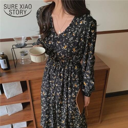 Elegant Black V Neck Mid-calf Dress 2021 Vintage Floral Chiffon Dress Women High Waist Puff Sleeve Party Dresses Vestidos 13257