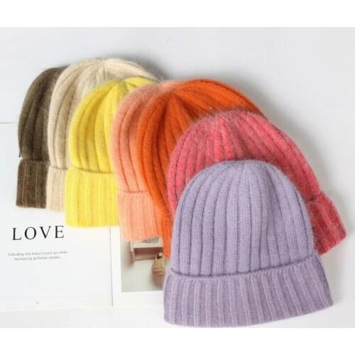 VISROVER 10 Colorways Winter Hat Stripe Beanies Rabbit Fur Autumn Bonnet Acrylic Woman Grace Cashmere Skullies Female Cap Gift