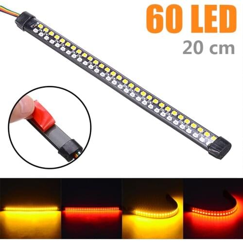 1pc Motorcycle Light Bar Strip Tail Brake Stop Flowing Water Turn Signal Light Integrated SMD 60 LED Red Amber Color