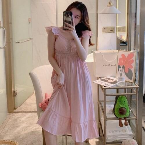 2021 Summer Sexy Lingerie Spaghetti Strap Nightgown for Women 100% Cotton Long Dress Sleepwear Nightdress Night Gown Home Nighty