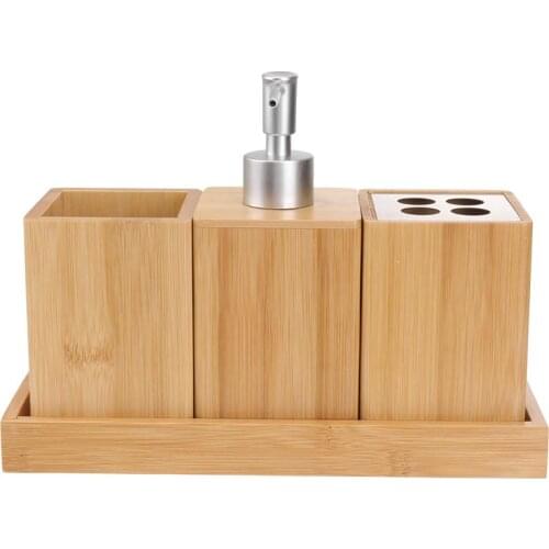 4pcs Bamboo Wood Bathroom Set Luxury Bathroom Essentials Toothbrush Holder Bottle Family Bath Accessories Set