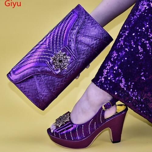 Doershow Fashion Rhinestone purple Shoes And Bag Set Newest African Women High Heels Pumps Matching Purse For Wedding! HAB1-27