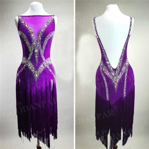 GOODANPAR Fringe mesh lycra Standard Latin Dance Dress Women with bodysuit bra cup Samba Salsa competition Costume Flapper Dress