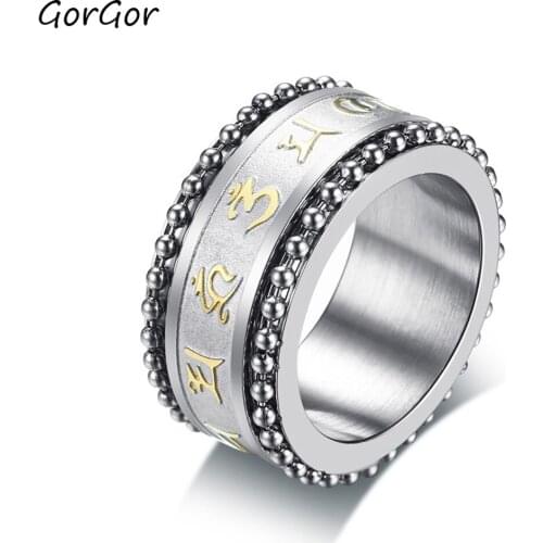 GorGor Trendy Classic 11MM Wide Stainless Steel Six-character Mantra Steel Ball Can Be Rotatabled Rings for Fashion Men R-368S