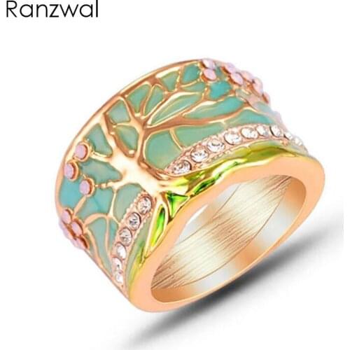 Ranzwal Fashion Women Enamel Ring Lovely Tree of Life Ring with Micro Paved Rhinestones Jewelry US SIZE 6~9