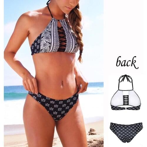 Fashion Womens Black Geometric Patterns Printing Sling Padding Bikini Set Sexy Beach Swimsuit 2 pieces